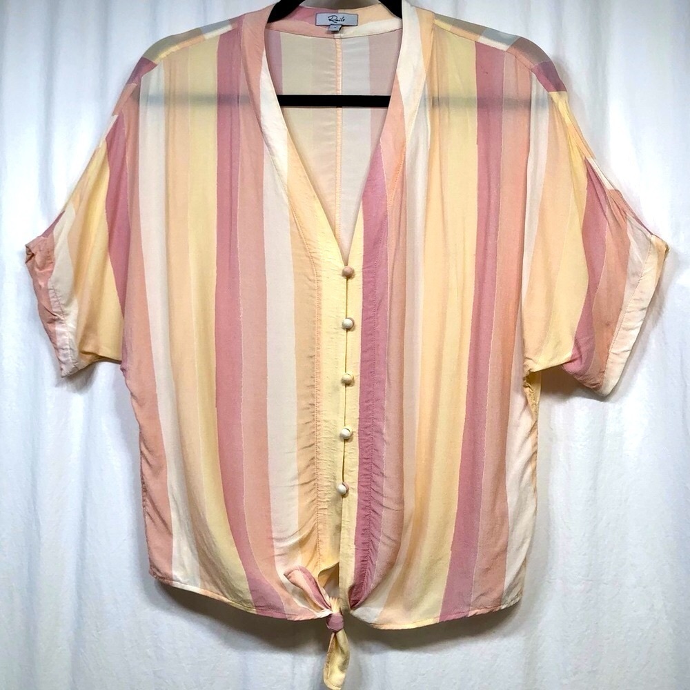 Rails Thea Sunrise Stripe Top Shirt Tie Front Cropped Pink Yellow Size Small